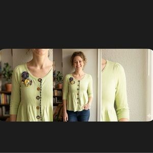 Anthropologie Light Green Peplum Cardigan with Multicolor Flower Pins